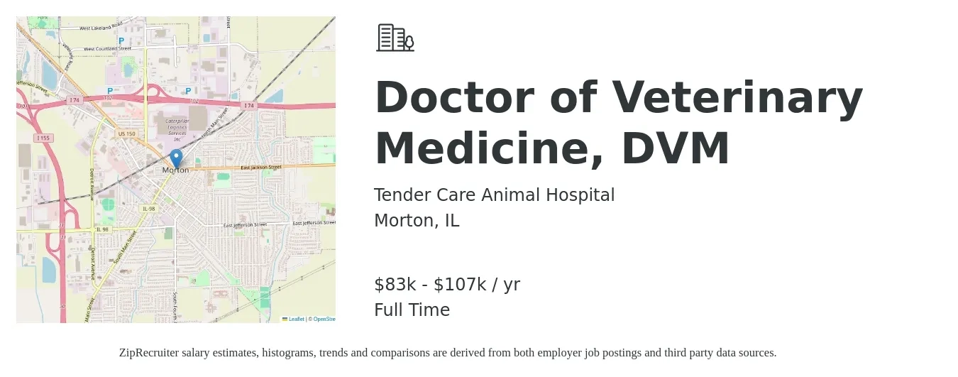 Tender Care Animal Hospital job posting for a Doctor of Veterinary Medicine, DVM in Morton, IL with a salary of $83,000 to $107,000 Yearly with a map of Morton location.