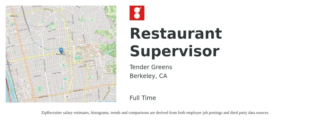 Tender Greens job posting for a Restaurant Supervisor in Berkeley, CA with a salary of $21 Hourly with a map of Berkeley location.