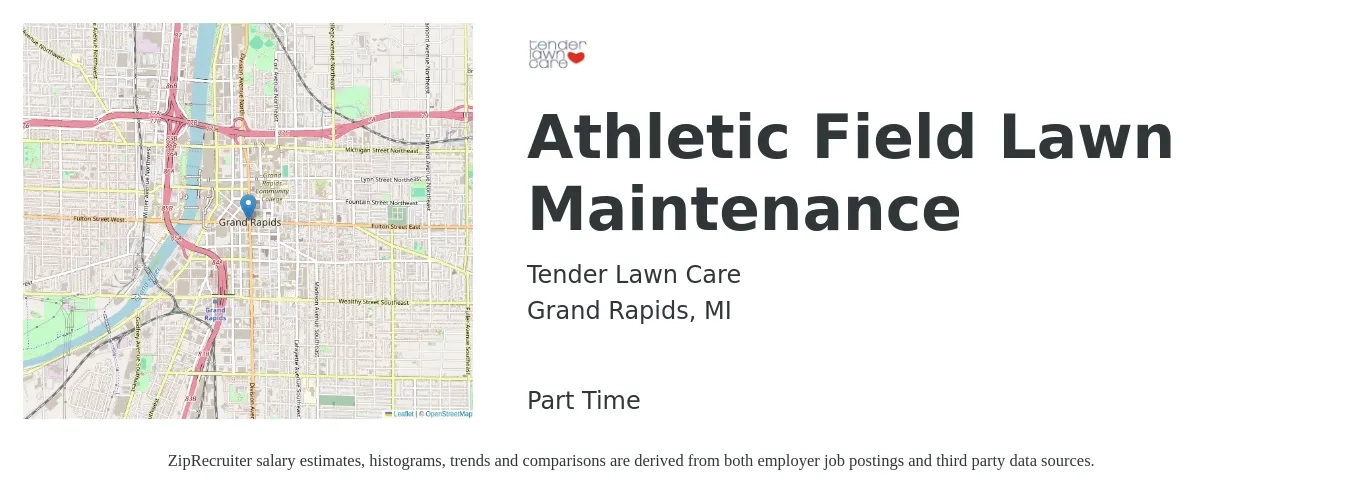 Tender Lawn Care job posting for a Athletic Field Lawn Maintenance in Grand Rapids, MI with a salary of $20 to $25 Hourly with a map of Grand Rapids location.