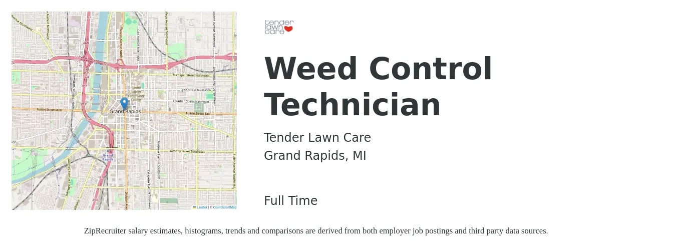 Tender Lawn Care job posting for a Weed Control Technician in Grand Rapids, MI with a salary of $20 to $23 Hourly with a map of Grand Rapids location.