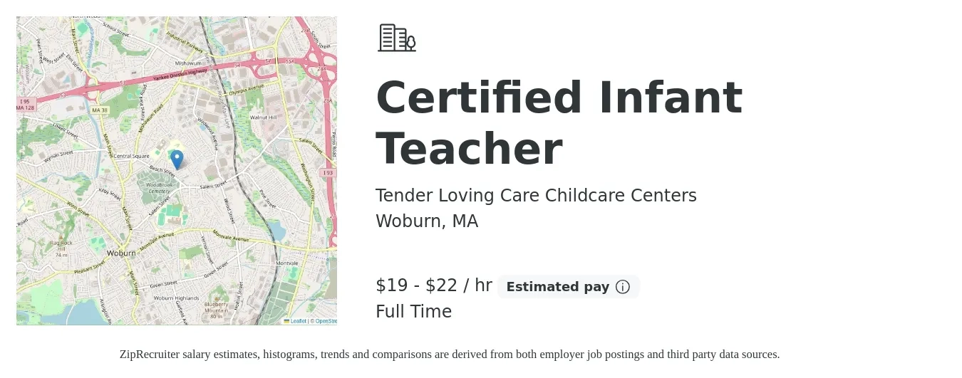 Tender Loving Care Childcare Centers job posting for a Certified Infant Teacher in Woburn, MA with a salary of $20 to $23 Hourly with a map of Woburn location.
