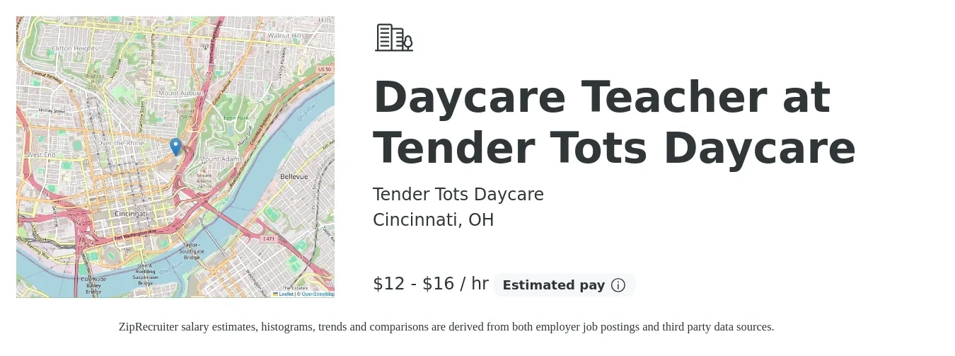 Tender Tots Daycare job posting for a Daycare Teacher at Tender Tots Daycare in Cincinnati, OH with a salary of $13 to $17 Hourly with a map of Cincinnati location.