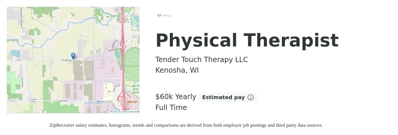 Tender Touch Therapy LLC job posting for a Physical Therapist in Kenosha, WI with a salary of $60,000 Yearly with a map of Kenosha location.
