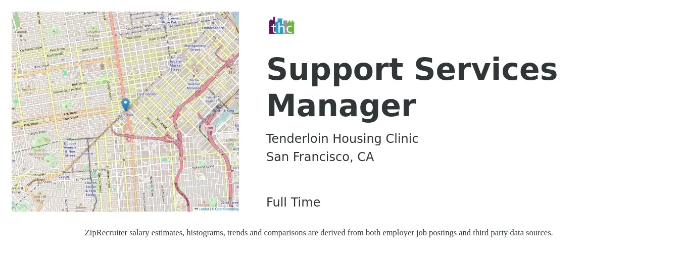 Tenderloin Housing Clinic job posting for a Support Services Manager in San Francisco, CA with a salary of $49,500 to $107,200 Yearly with a map of San Francisco location.