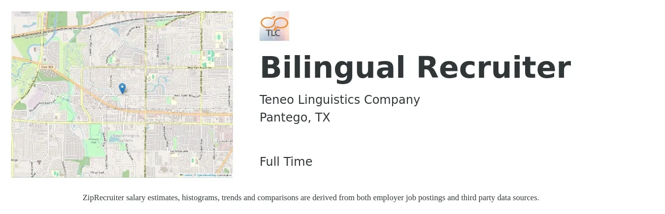 Teneo Linguistics Company job posting for a Bilingual Recruiter in Pantego, TX with a salary of $16 to $21 Hourly with a map of Pantego location.