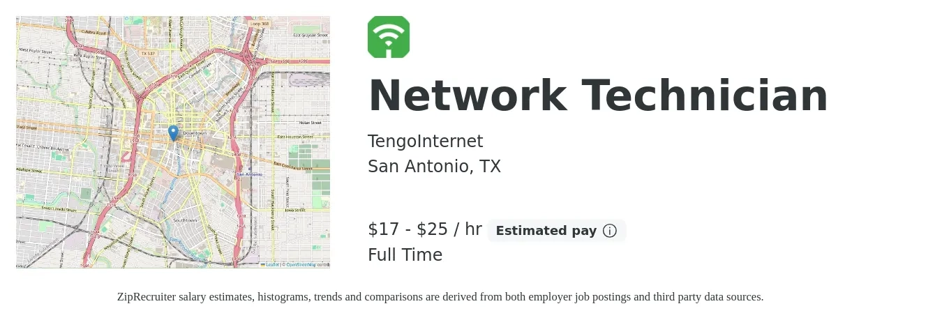 TengoInternet job posting for a Network Technician in San Antonio, TX with a salary of $18 to $26 Hourly with a map of San Antonio location.