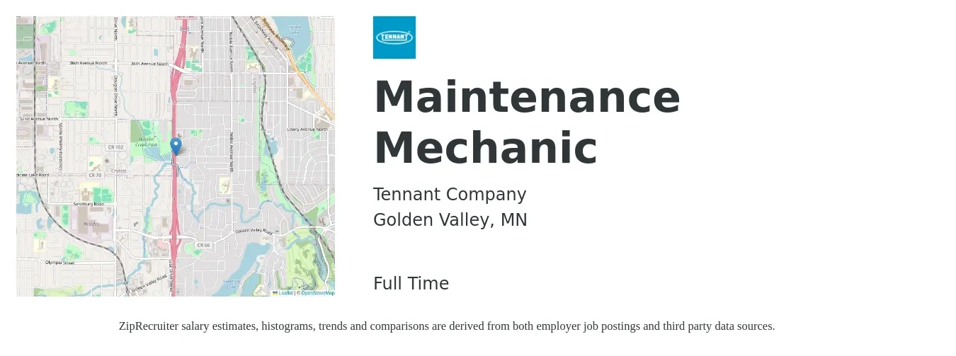 Tennant Company job posting for a Maintenance Mechanic in Golden Valley, MN with a salary of $26 to $33 Hourly with a map of Golden Valley location.