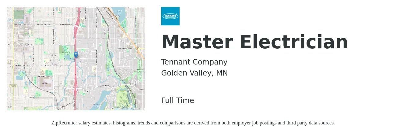 Tennant Company job posting for a Master Electrician in Golden Valley, MN with a salary of $31 to $47 Hourly with a map of Golden Valley location.