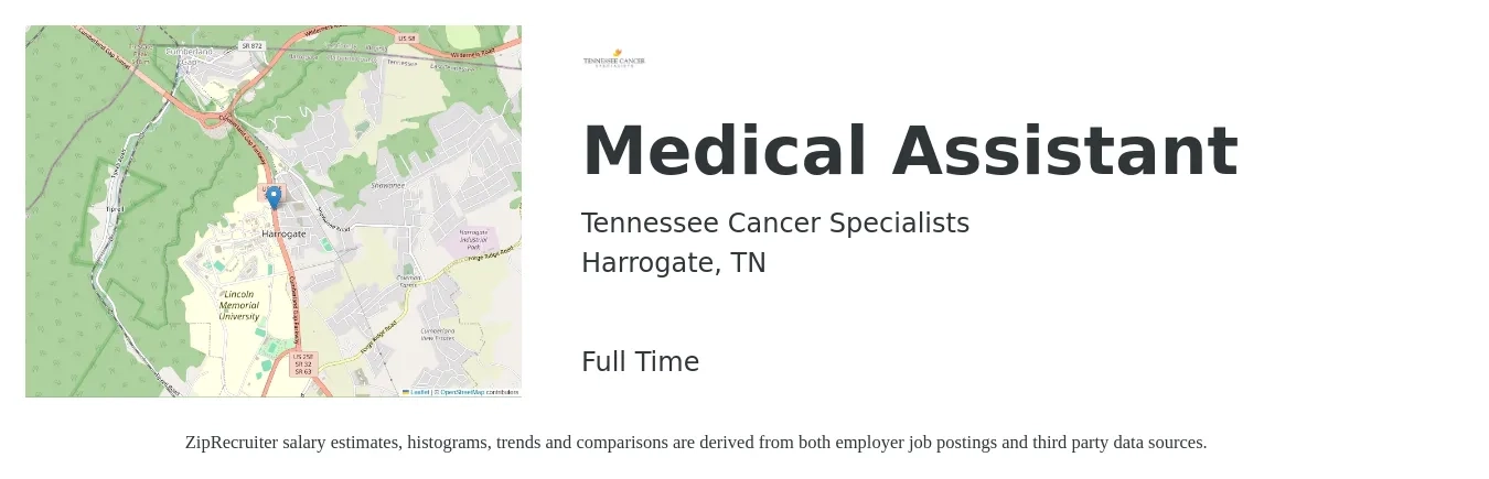Tennessee Cancer Specialists job posting for a Medical Assistant in Harrogate, TN with a salary of $14 to $18 Hourly with a map of Harrogate location.