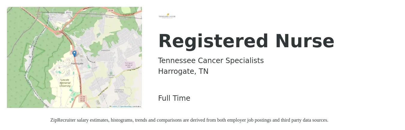 Tennessee Cancer Specialists job posting for a Registered Nurse in Harrogate, TN with a salary of $27 to $42 Hourly with a map of Harrogate location.