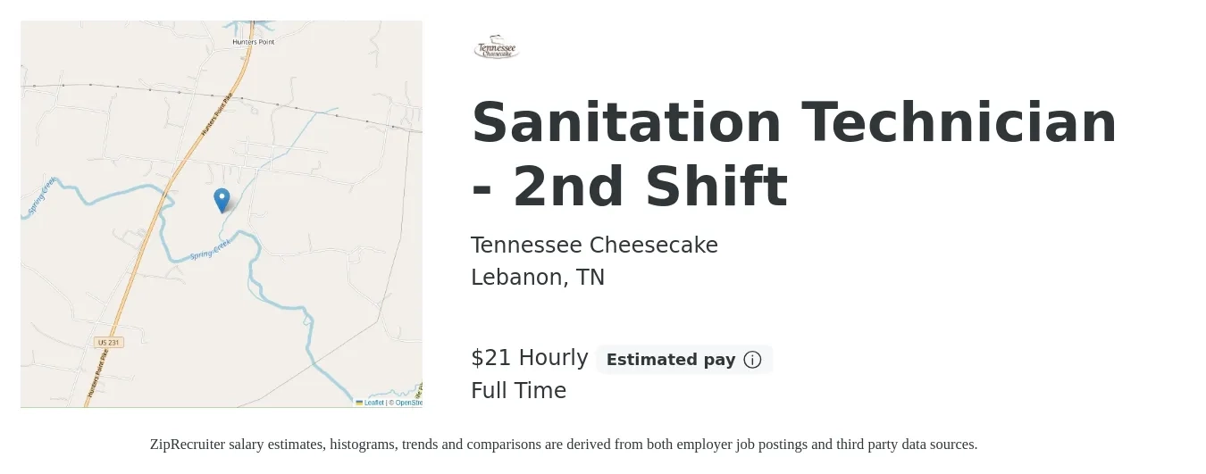 Tennessee Cheesecake job posting for a Sanitation Technician - 2nd Shift in Lebanon, TN with a salary of $22 Hourly with a map of Lebanon location.