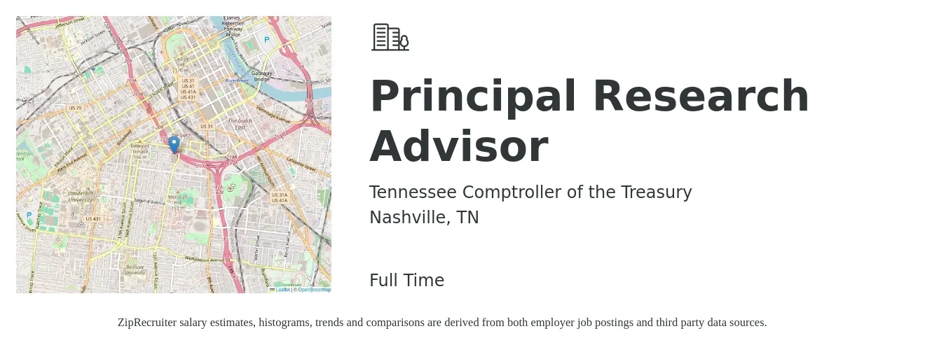 Tennessee Comptroller of the Treasury job posting for a Principal Research Advisor in Nashville, TN with a salary of $42,500 to $45,400 Yearly with a map of Nashville location.
