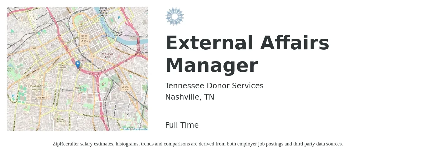 Tennessee Donor Services job posting for a External Affairs Manager in Nashville, TN with a salary of $31 to $48 Hourly with a map of Nashville location.