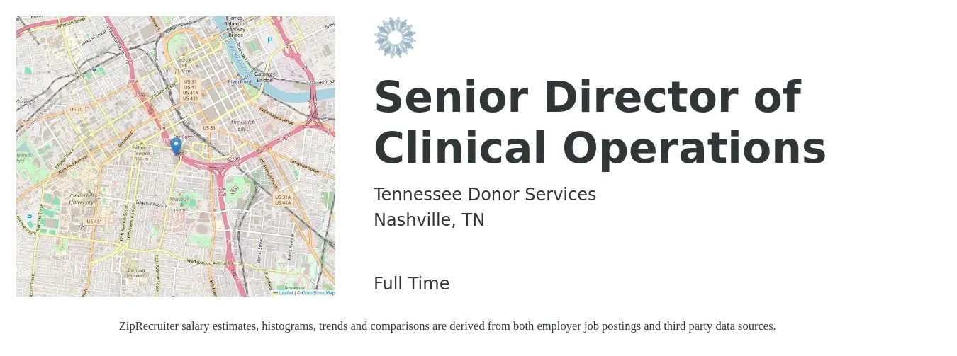 Tennessee Donor Services job posting for a Senior Director of Clinical Operations in Nashville, TN with a salary of $98,600 to $167,600 Yearly with a map of Nashville location.