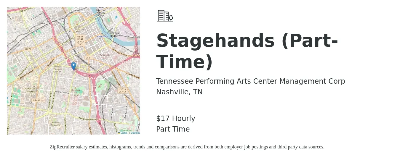 Tennessee Performing Arts Center Management Corp job posting for a Stagehands (Part-Time) in Nashville, TN with a salary of $18 Hourly with a map of Nashville location.