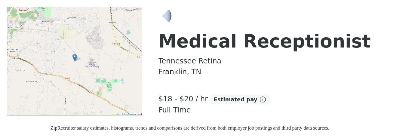 Tennessee Retina job posting for a Medical Receptionist in Franklin, TN with a salary of $19 to $21 Hourly with a map of Franklin location.