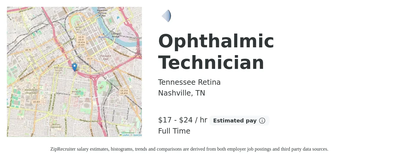 Tennessee Retina job posting for a Ophthalmic Technician in Nashville, TN with a salary of $18 to $25 Hourly with a map of Nashville location.