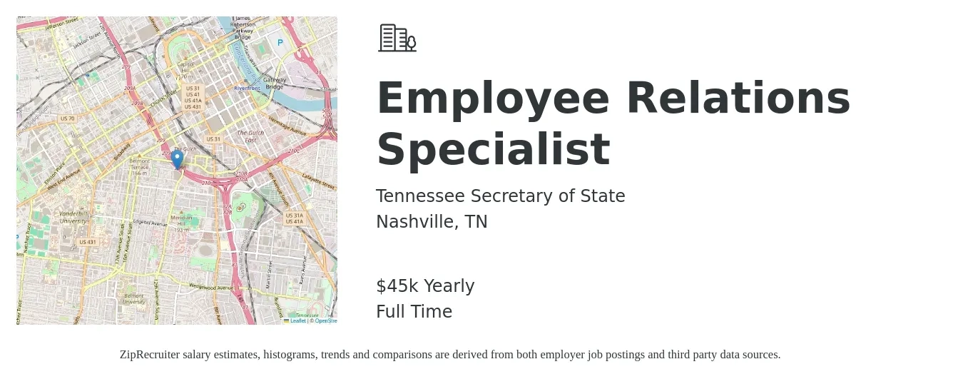 Tennessee Secretary of State job posting for a Employee Relations Specialist in Nashville, TN with a salary of $45,000 Yearly with a map of Nashville location.