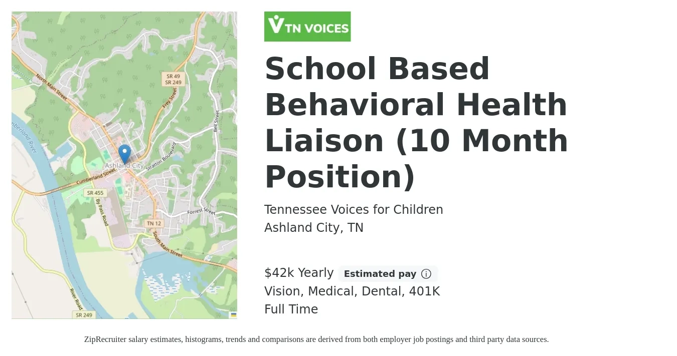 Tennessee Voices for Children job posting for a School Based Behavioral Health Liaison (10 Month Position) in Ashland City, TN with a salary of $42,000 Yearly and benefits including medical, vision, 401k, dental, and life_insurance with a map of Ashland City location.