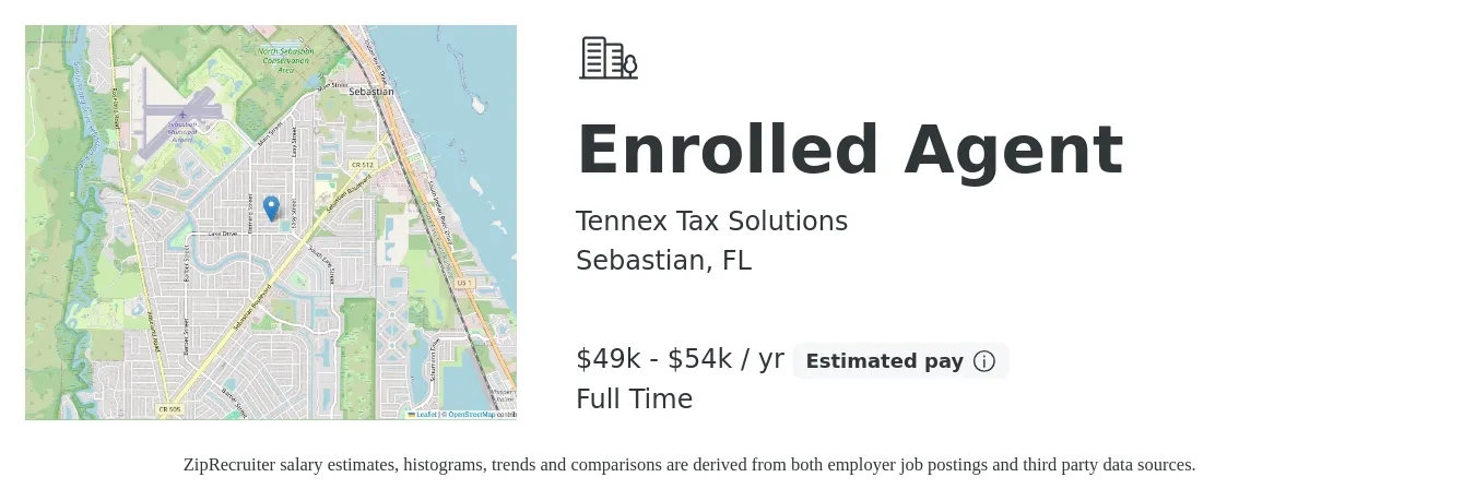 Tennex Tax Solutions job posting for a Enrolled Agent in Sebastian, FL with a salary of $49,000 to $54,000 Yearly and benefits including pto with a map of Sebastian location.