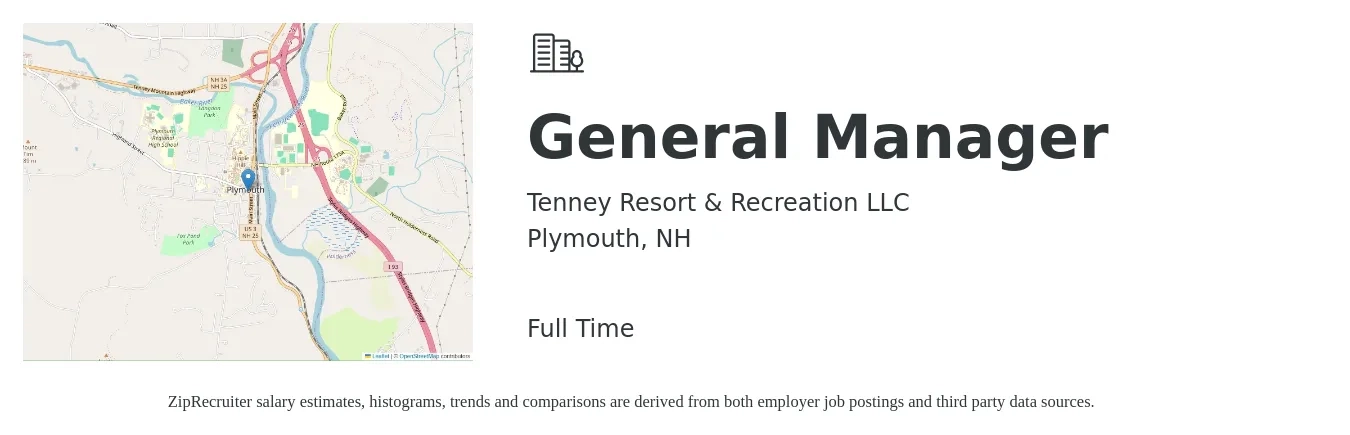 Tenney Resort & Recreation LLC job posting for a General Manager in Plymouth, NH with a salary of $51,200 to $76,500 Yearly with a map of Plymouth location.