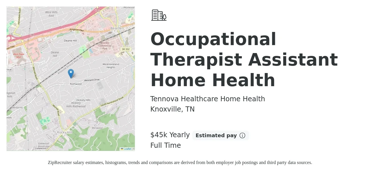 Tennova Healthcare Home Health job posting for a Occupational Therapist Assistant Home Health in Knoxville, TN with a salary of $27 to $36 Hourly with a map of Knoxville location.