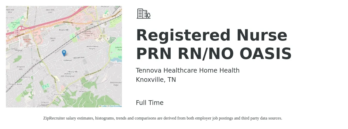Tennova Healthcare Home Health job posting for a Registered Nurse PRN RN/NO OASIS in Knoxville, TN with a salary of $1,520 to $2,270 Weekly with a map of Knoxville location.