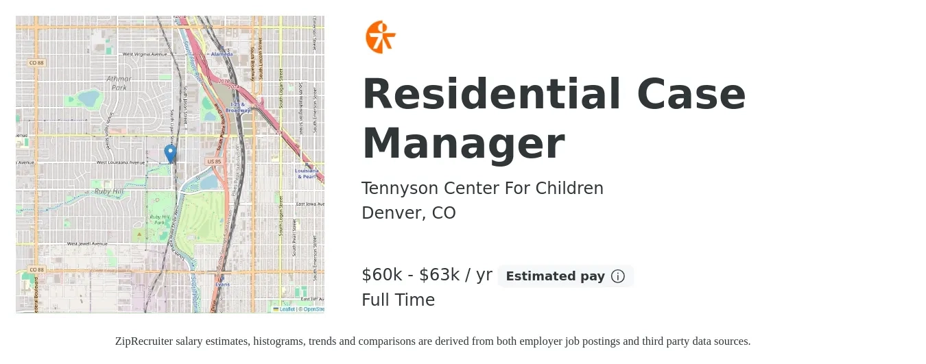 Tennyson Center For Children job posting for a Residential Case Manager in Denver, CO with a salary of $60,000 to $63,000 Yearly with a map of Denver location.