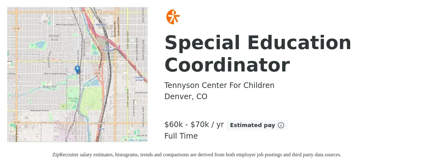 Tennyson Center For Children job posting for a Special Education Coordinator in Denver, CO with a salary of $60,000 to $70,000 Yearly with a map of Denver location.
