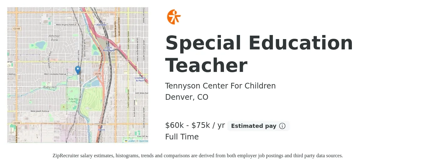 Tennyson Center For Children job posting for a Special Education Teacher in Denver, CO with a salary of $60,000 to $75,000 Yearly with a map of Denver location.