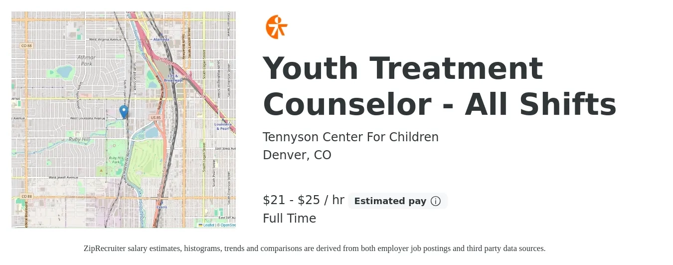 Tennyson Center For Children job posting for a Youth Treatment Counselor - All Shifts in Denver, CO with a salary of $22 to $26 Hourly with a map of Denver location.