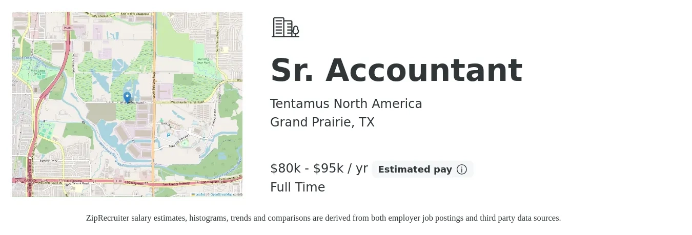 Tentamus North America job posting for a Sr. Accountant in Grand Prairie, TX with a salary of $80,000 to $95,000 Yearly with a map of Grand Prairie location.