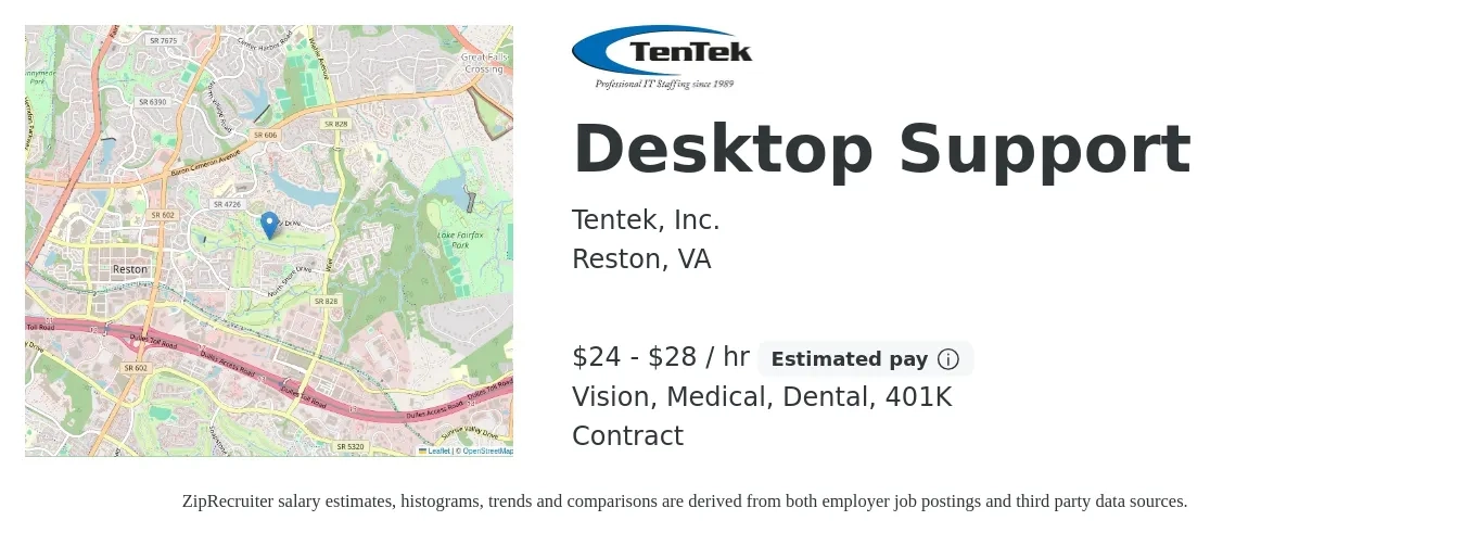 Tentek, Inc. job posting for a Desktop Support in Reston, VA with a salary of $25 to $30 Hourly and benefits including 401k, dental, medical, and vision with a map of Reston location.