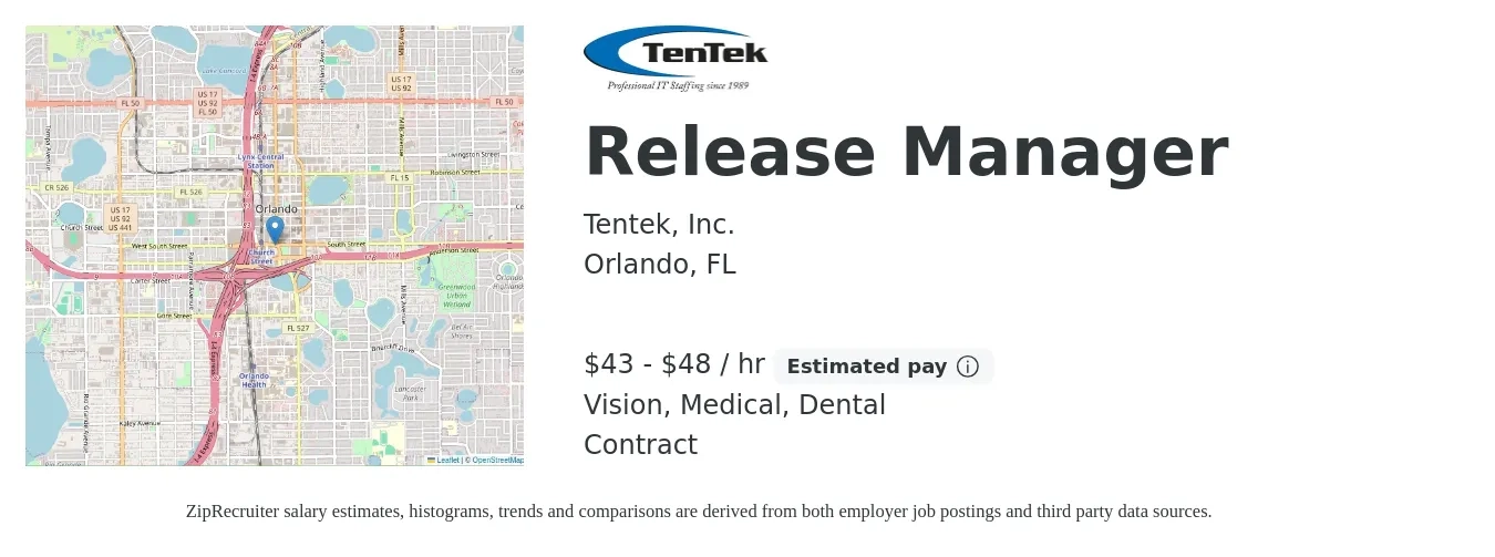 Tentek, Inc. job posting for a Release Manager in Orlando, FL with a salary of $45 to $50 Hourly and benefits including medical, vision, and dental with a map of Orlando location.