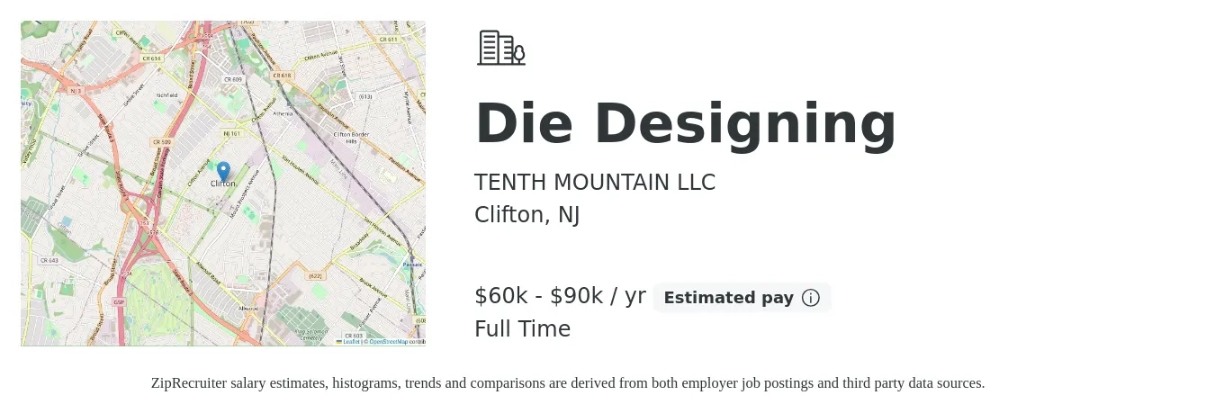 TENTH MOUNTAIN LLC job posting for a Die Designing in Clifton, NJ with a salary of $60,000 to $90,000 Yearly with a map of Clifton location.