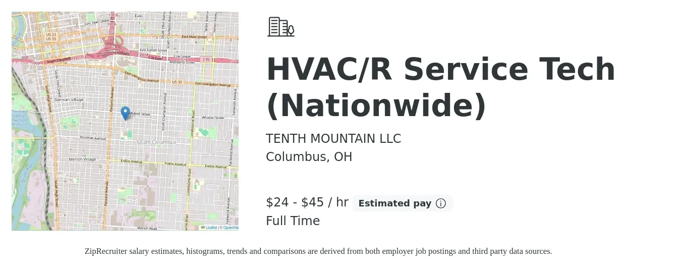 TENTH MOUNTAIN LLC job posting for a HVAC/R Service Tech (Nationwide) in Columbus, OH with a salary of $25 to $47 Hourly with a map of Columbus location.