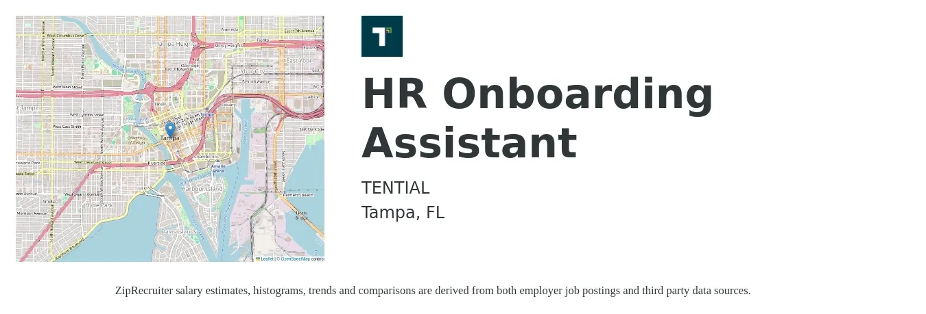 Tential job posting for a HR Onboarding Assistant in Tampa, FL with a salary of $34,100 to $43,700 Yearly with a map of Tampa location.