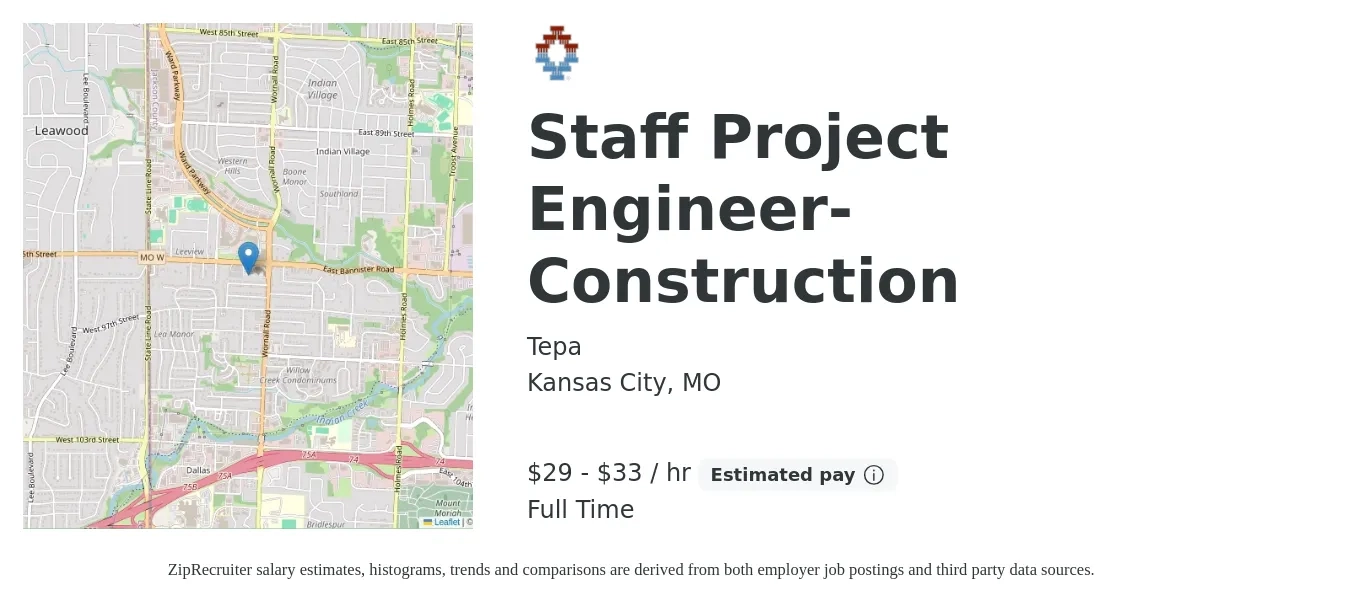 Tepa job posting for a Staff Project Engineer- Construction in Kansas City, MO with a salary of $31 to $35 Hourly with a map of Kansas City location.