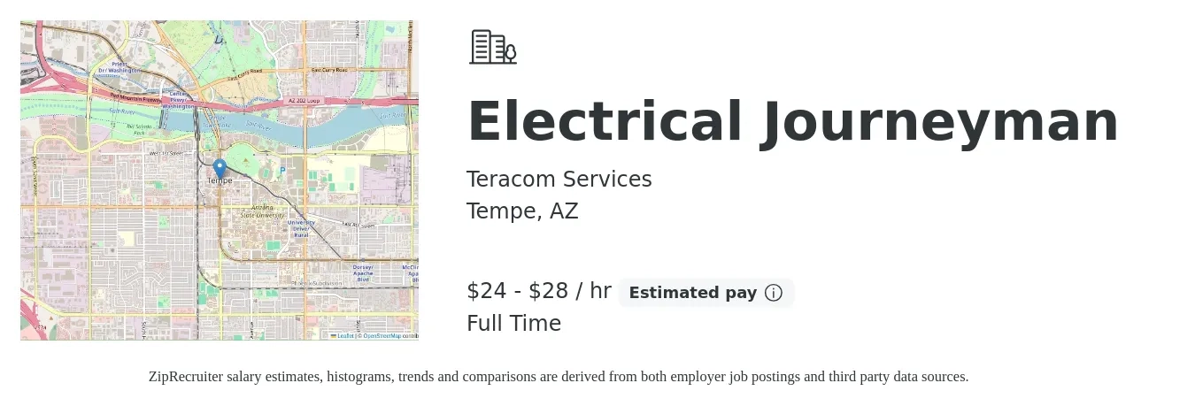 Teracom Services job posting for a Electrical Journeyman in Tempe, AZ with a salary of $25 to $30 Hourly with a map of Tempe location.