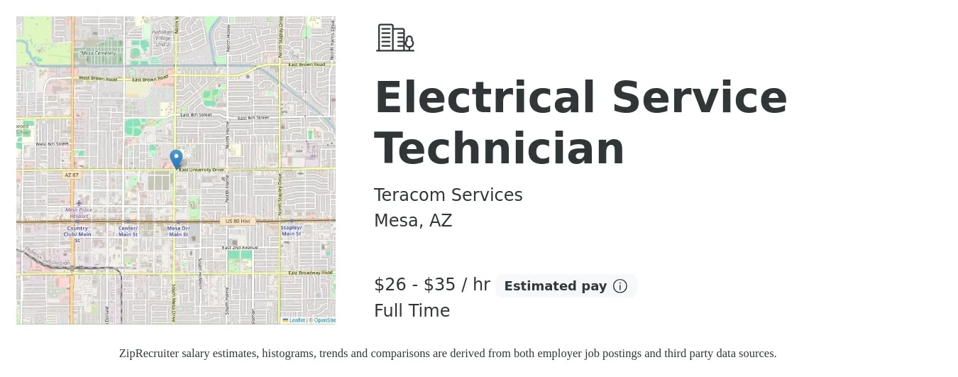 Teracom Services job posting for a Electrical Service Technician in Mesa, AZ with a salary of $28 to $37 Hourly with a map of Mesa location.