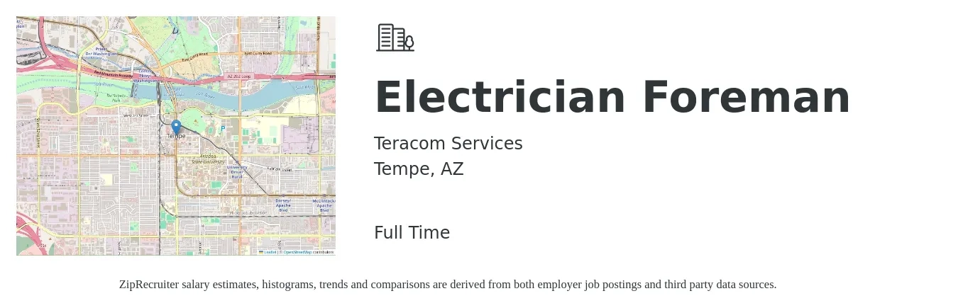Teracom Services job posting for a Electrician Foreman in Tempe, AZ with a salary of $30 to $35 Hourly with a map of Tempe location.