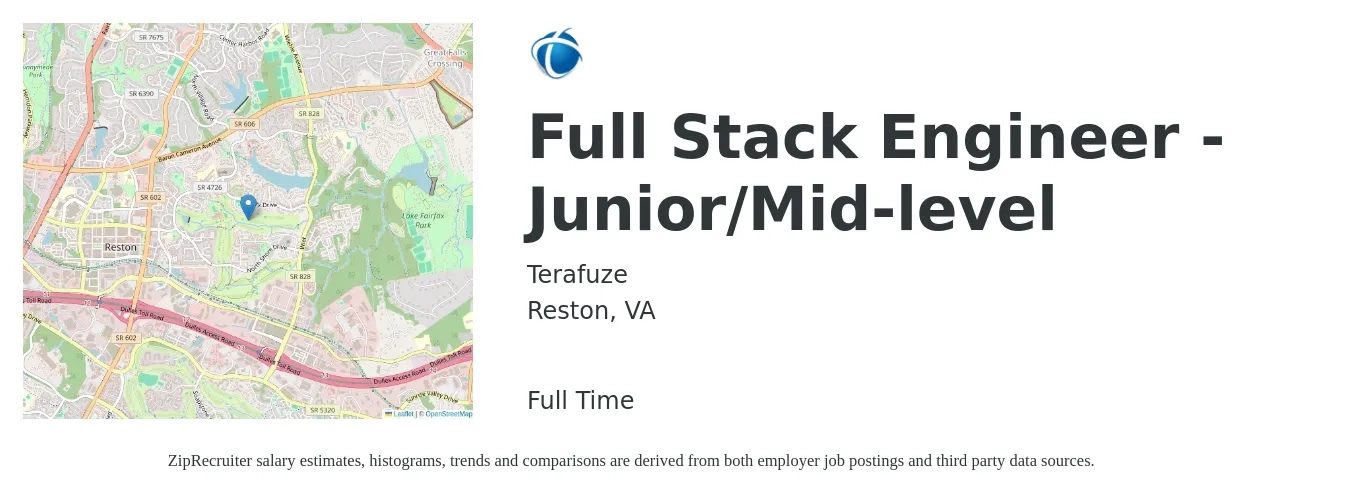 Terafuze job posting for a Full Stack Engineer - Junior/Mid-level in Reston, VA with a salary of $115,700 to $164,700 Yearly with a map of Reston location.