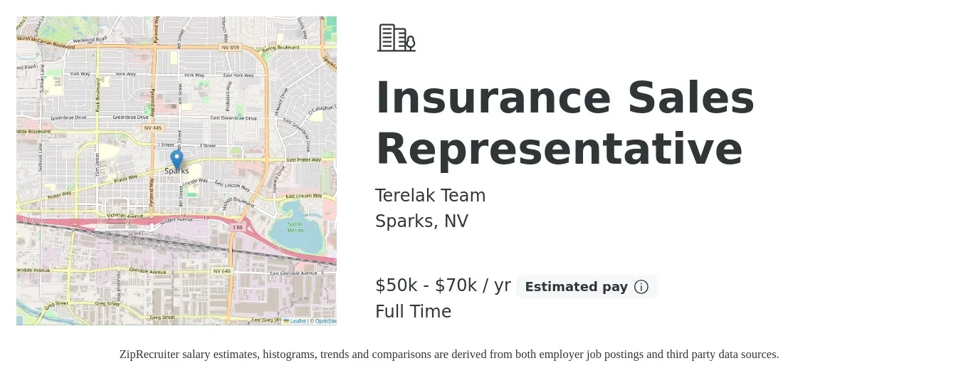Terelak Team job posting for a Insurance Sales Representative in Sparks, NV with a salary of $50,000 to $70,000 Yearly with a map of Sparks location.