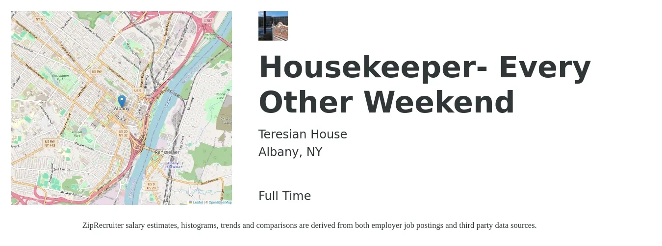 Teresian House job posting for a Housekeeper- Every Other Weekend in Albany, NY with a salary of $15 to $16 Hourly with a map of Albany location.
