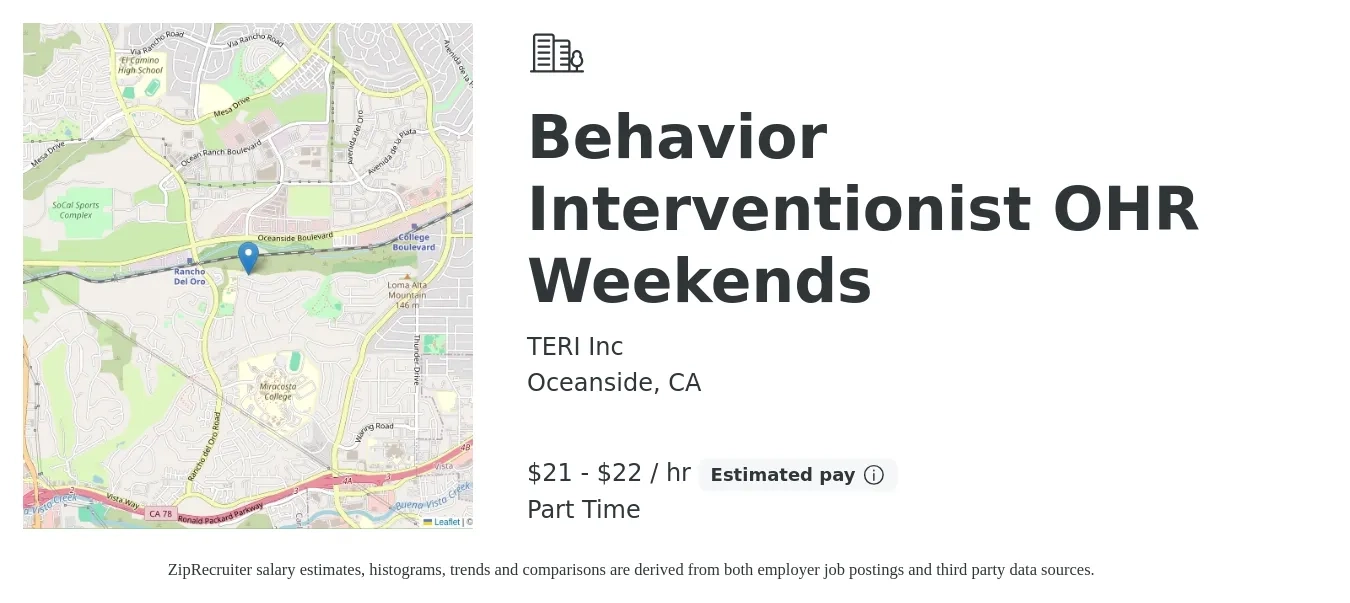TERI Inc job posting for a Behavior Interventionist OHR Weekends in Oceanside, CA with a salary of $22 to $23 Hourly with a map of Oceanside location.