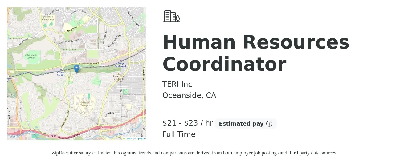 TERI Inc job posting for a Human Resources Coordinator in Oceanside, CA with a salary of $22 to $24 Hourly with a map of Oceanside location.