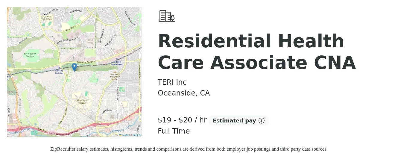 TERI Inc job posting for a Residential Health Care Associate CNA in Oceanside, CA with a salary of $20 to $21 Hourly with a map of Oceanside location.