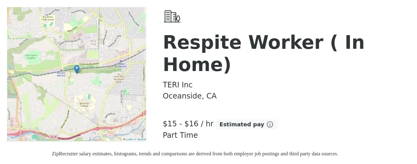 TERI Inc job posting for a Respite Worker ( In Home) in Oceanside, CA with a salary of $16 to $17 Hourly with a map of Oceanside location.