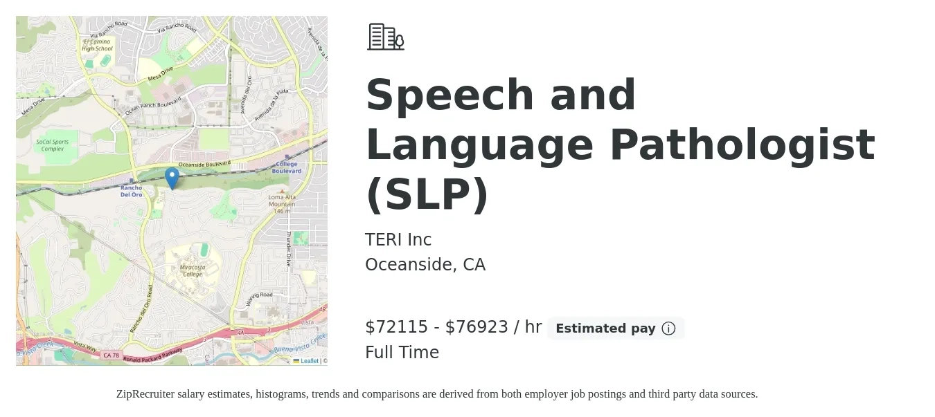 TERI Inc job posting for a Speech and Language Pathologist (SLP) in Oceanside, CA with a salary of $75,000 to $80,000 Hourly with a map of Oceanside location.