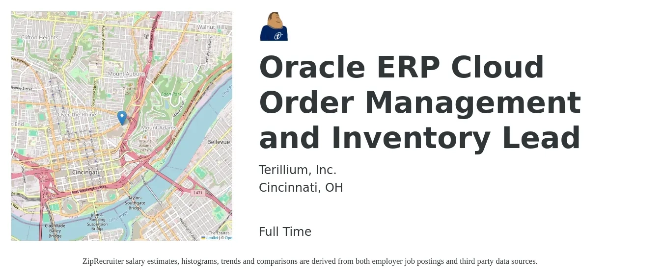 Terillium, Inc. job posting for a Oracle ERP Cloud Order Management and Inventory Lead in Cincinnati, OH with a salary of $19 to $25 Hourly with a map of Cincinnati location.